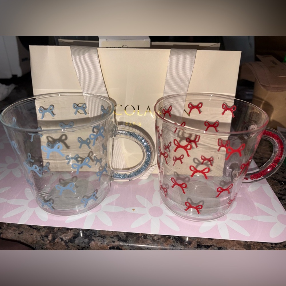 Glass Mug Set with Blue and Red Bow Accents
